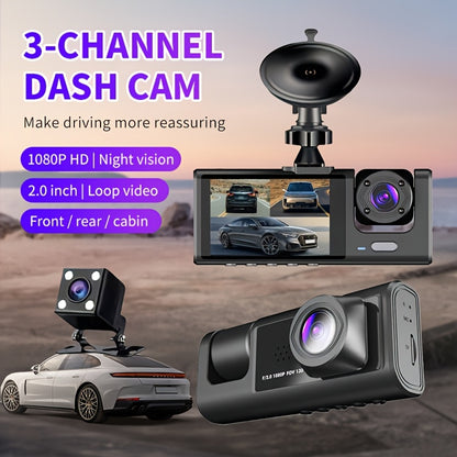 Vavupo 3-Channel Dash Cam with IR Night Vision - 1080P HD, Front & Rear Recording, Loop Playback, 5.08cm IPS Display, Wide Angle Lens, USB Powered