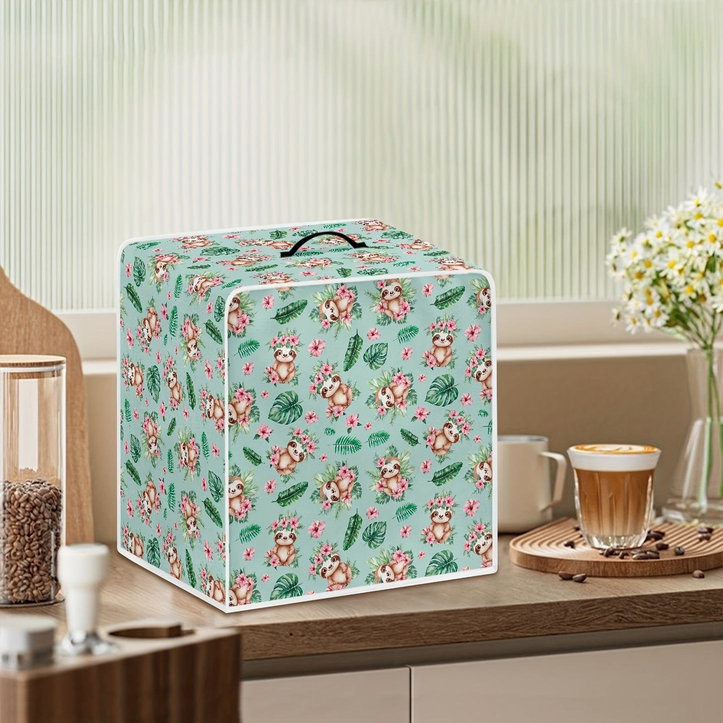 Washable Coffee Machine Cover with Sloth & Butterfly Design, Soft Fabric Dust Protector for Small Kitchen Appliances, Palm Leaves & Floral Pattern, Includes Handle for Easy Use, Food-Safe Material, Compatible with Non-Electric Models