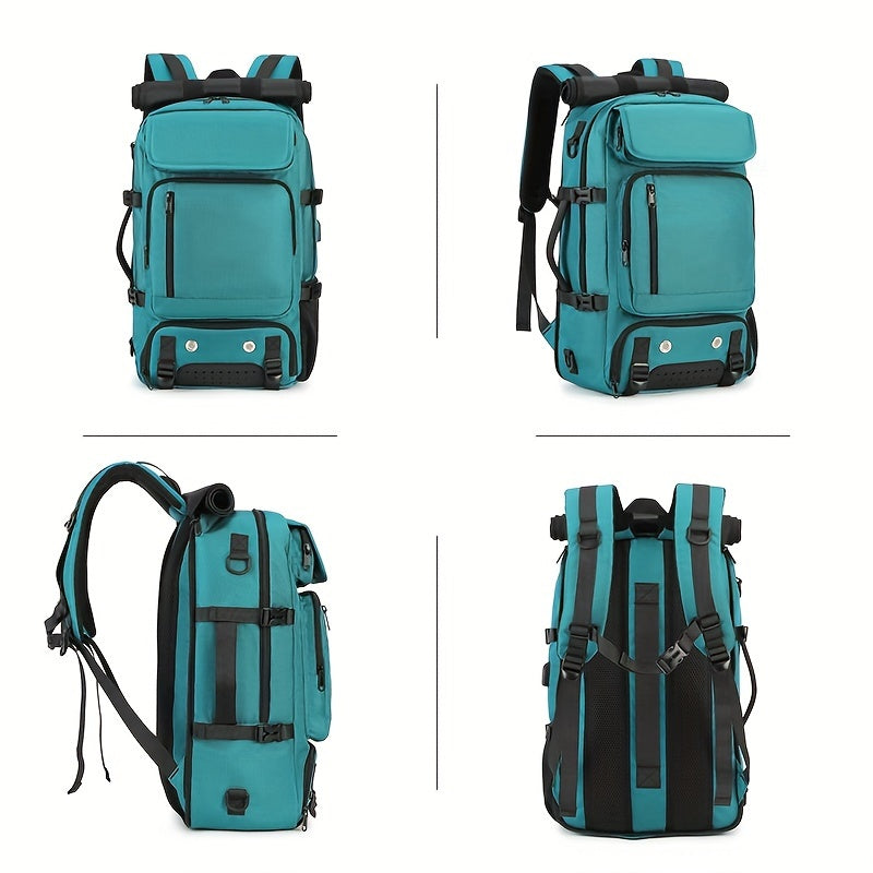 Durable black backpack for hiking and camping with large waterproof capacity, shoe compartment, and adjustable straps. Made from polyester.