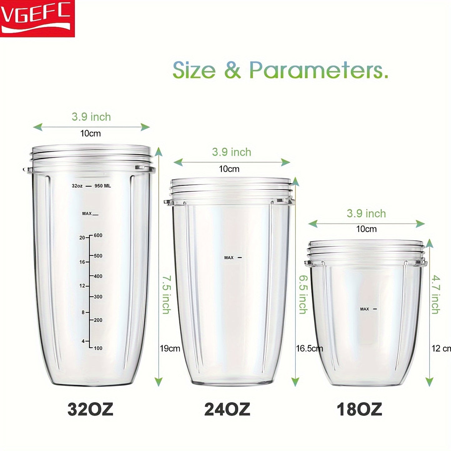 VGEFC NutriBullet Blender Accessories include clear plastic cup lids with measurement markings, leakproof flip-top lid for 600W & 900W models, blade assembly, and are compatible with