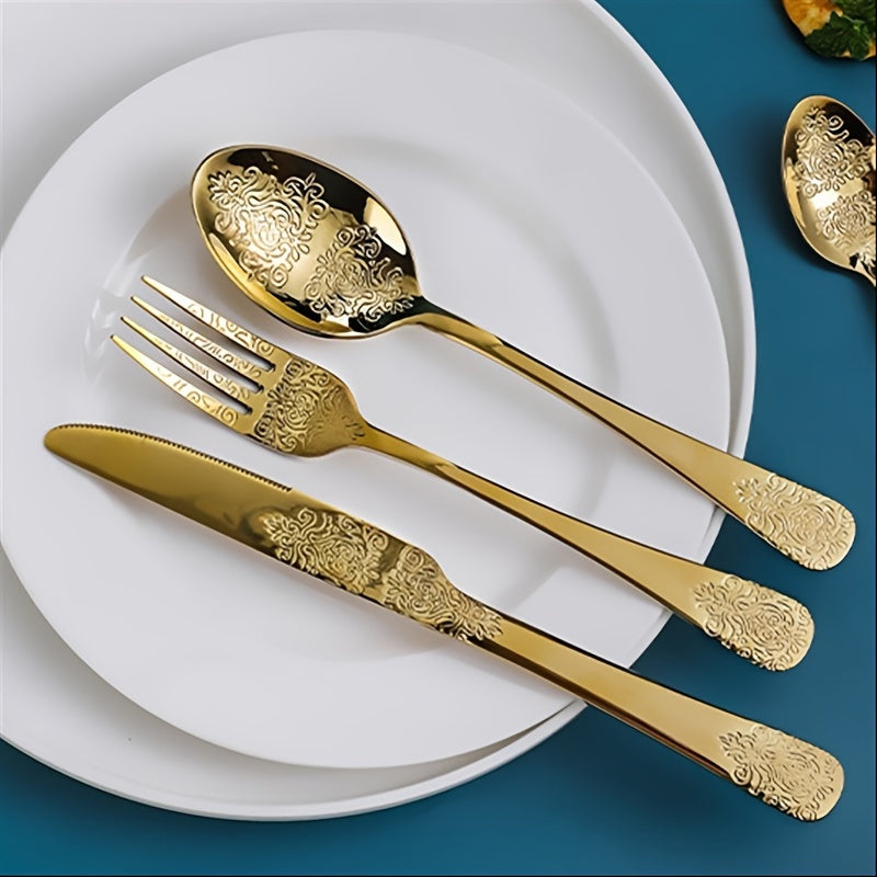 Stainless steel 12-piece cutlery set with embossed design, includes 6 forks and 6 spoons, dishwasher safe for home, kitchen, and restaurant use.