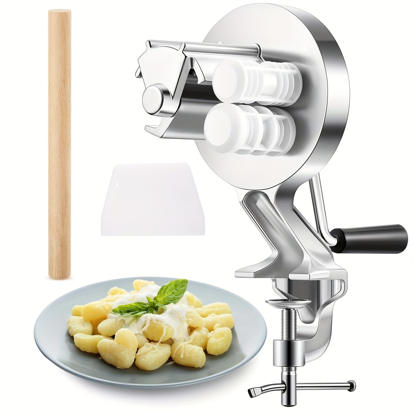 Metal Seashell Macaroni Maker - Traditional Italian Pasta Tool Set with Dough Scraper and Wooden Rolling Pin - Homemade Gnocchi Machine for Authentic Pasta Making Gift