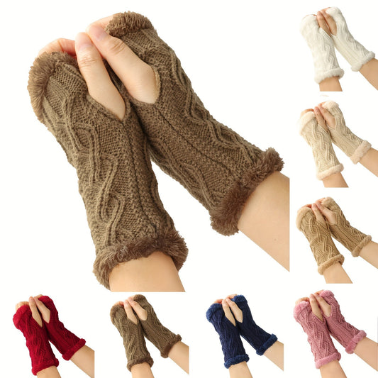 Cozy Solid Color Twist Knit Fingerless Gloves with Short Velvet Lining, Perfect for Winter Warmth and Stylish Wrist Coverage.