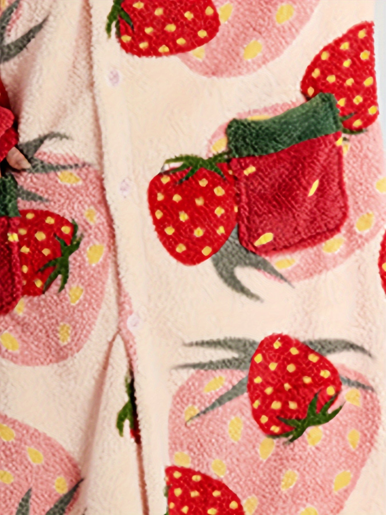 Women's cozy strawberry print bathrobe made of 100% polyester coral fleece, loose-fit, cute fruit and vegetable pattern, machine washable, perfect for fall/winter.