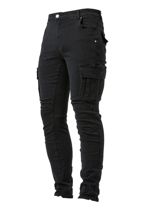 Men's high-stretch denim pants with multiple pockets, suitable for all seasons outdoor activities.