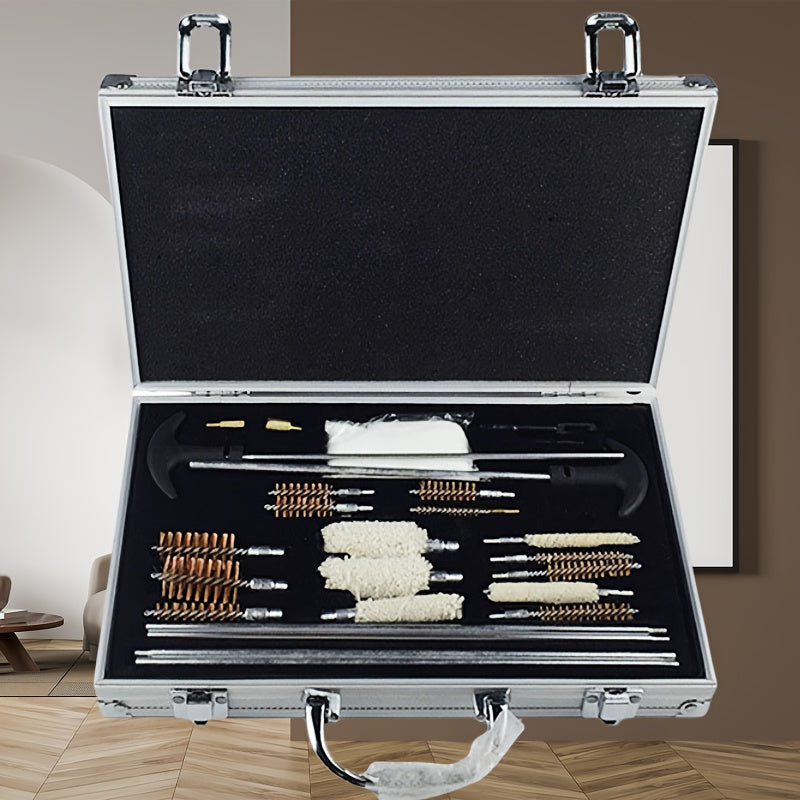 ProFire Gun Cleaning Kit - A high-quality outdoor firearm maintenance set made from durable plastic. Includes swabs, a wooden box, and an aluminum case. No electricity required, perfect for use on patios and walls.