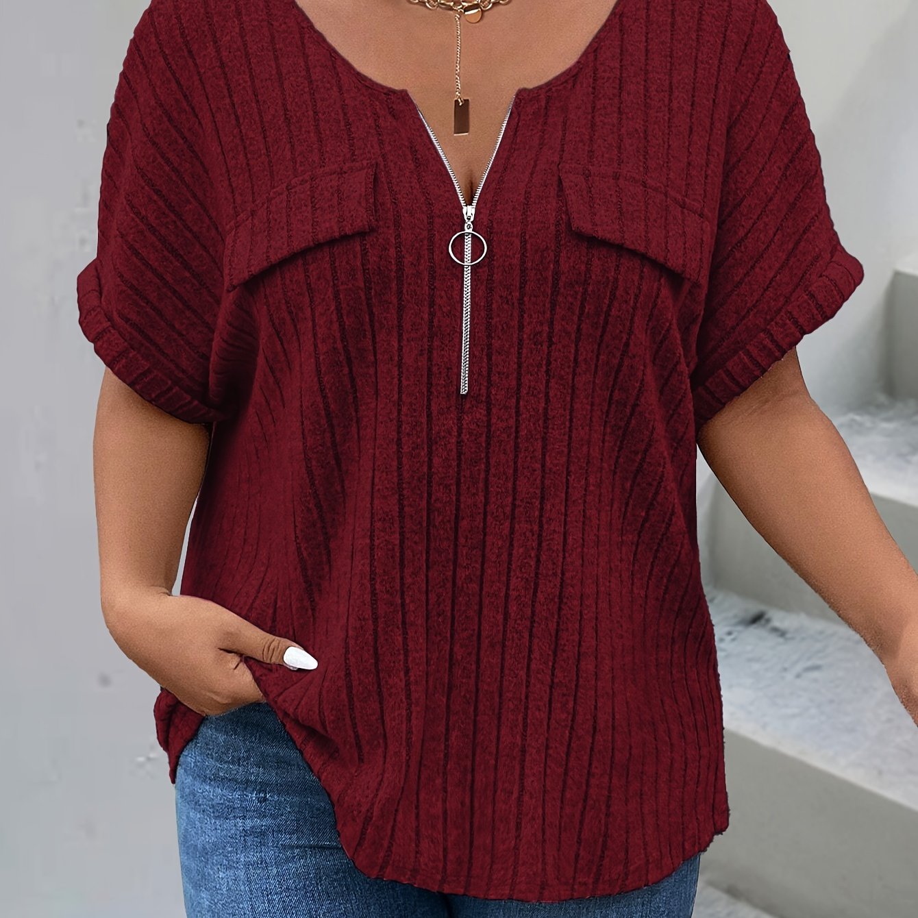 Elegant Maroon Ribbed Tee for Women - Casual Zip Pocket, Loose Fit, Polyester/Spandex Blend, Machine Washable - Ideal for Spring/Fall, Plus Size Blouse