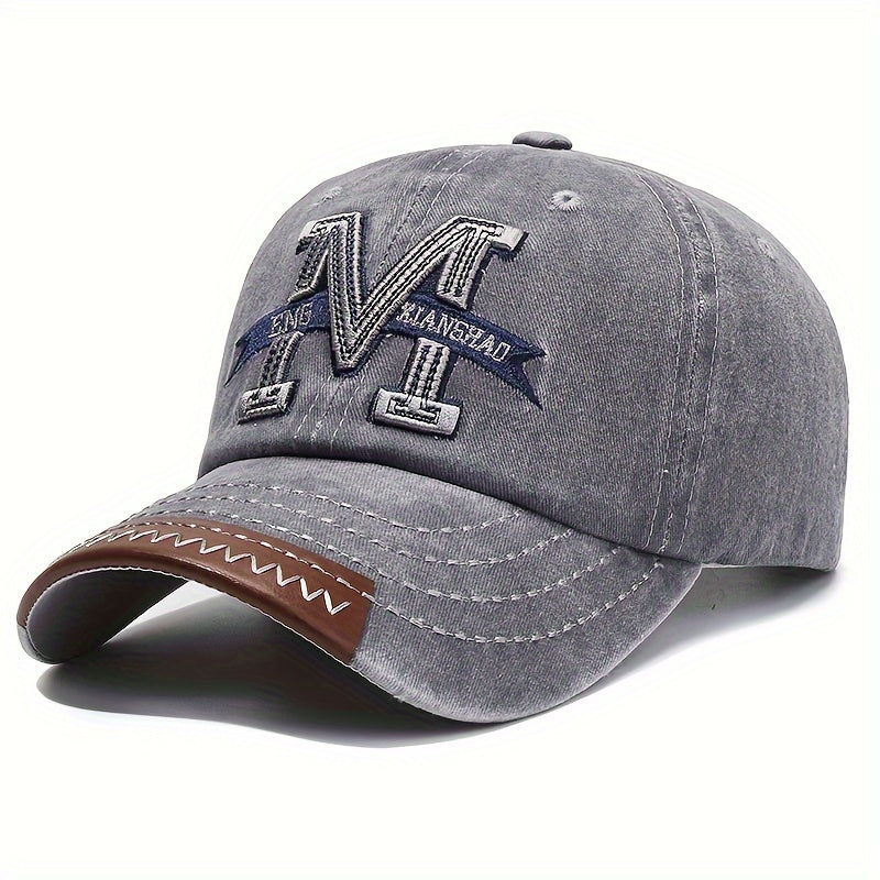 Spring and autumn retro washed denim duckbill cap with old letter M embroidery for men and women.