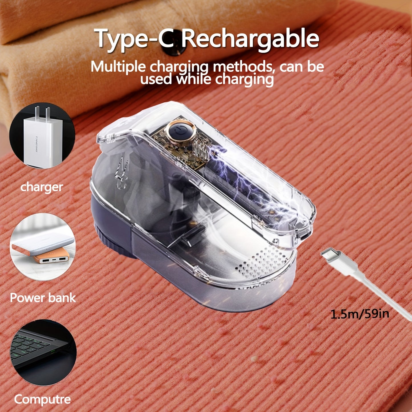 1pc Rechargeable Electric Fabric Shaver with 3 speeds, 2 replacement blades, LED display. Portable fuzz remover for clothes, couch, sweater.