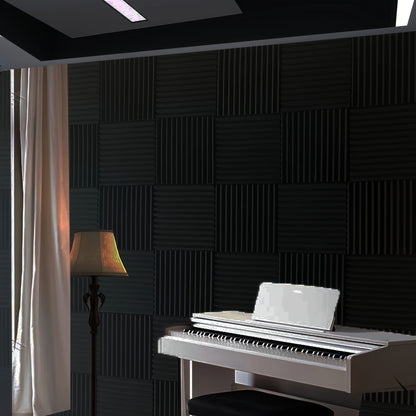 96 pieces of black acoustic foam wedge soundproof wall panels measuring 30.48x30.48x6.35 cm. High-density foam suitable for various settings like studios, bedrooms, offices, gyms, and