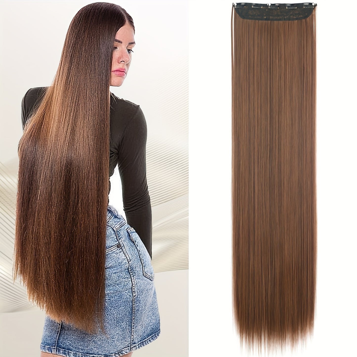 Elegant natural looking synthetic clip-in hair extensions for daily use, 32 inch long straight pieces with 5 clips.