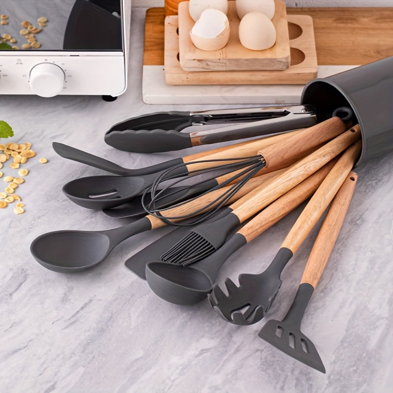 A bundle of 12 high-quality kitchen utensils with wooden handles and heat-resistant silicone heads, including cooking spatulas and spoons. Comes with a convenient storage bucket for easy organization. Built to last and suitable for any cooking task.