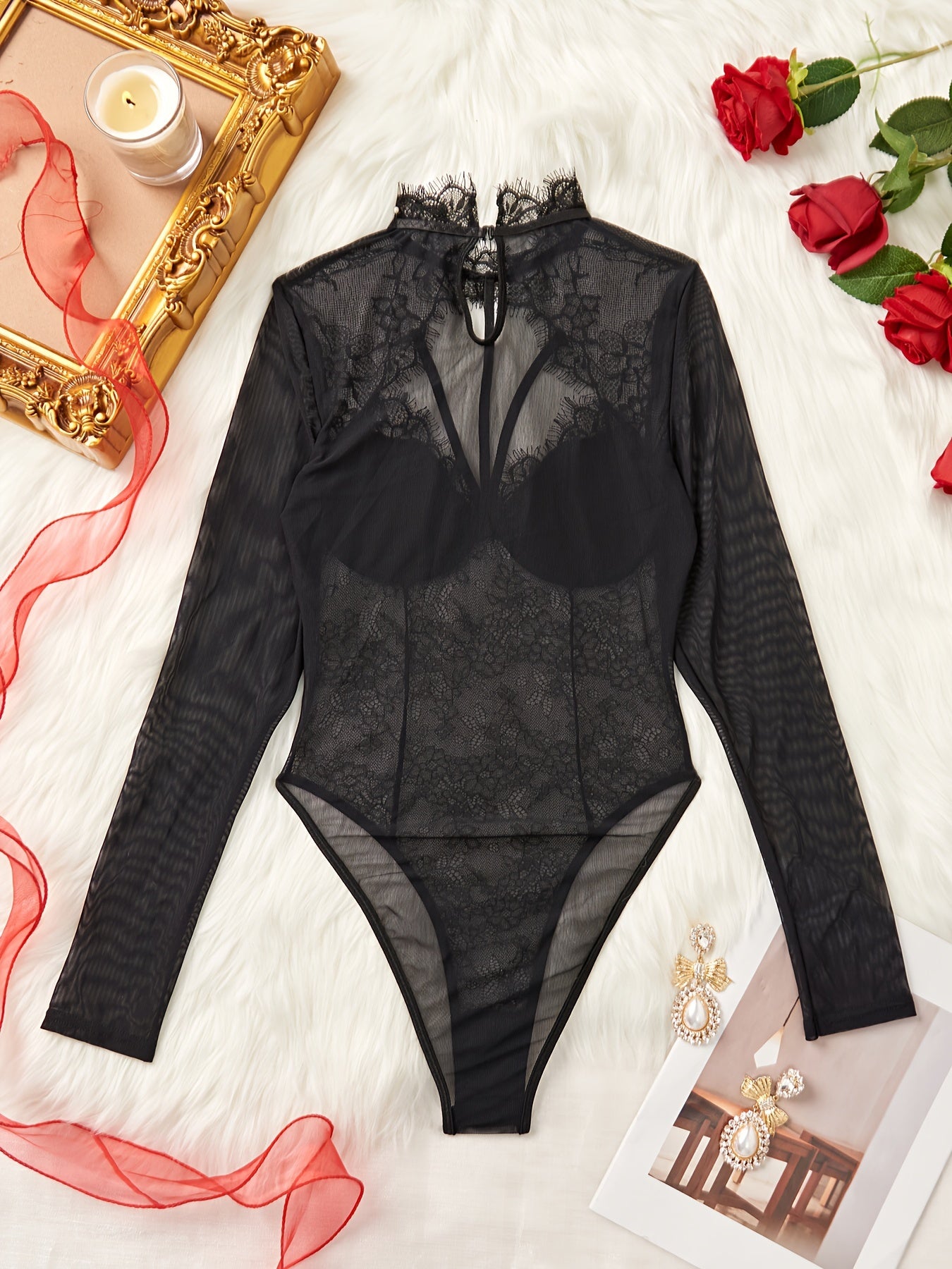 Long sleeve mesh teddy with lace trim, sexy lingerie for women.