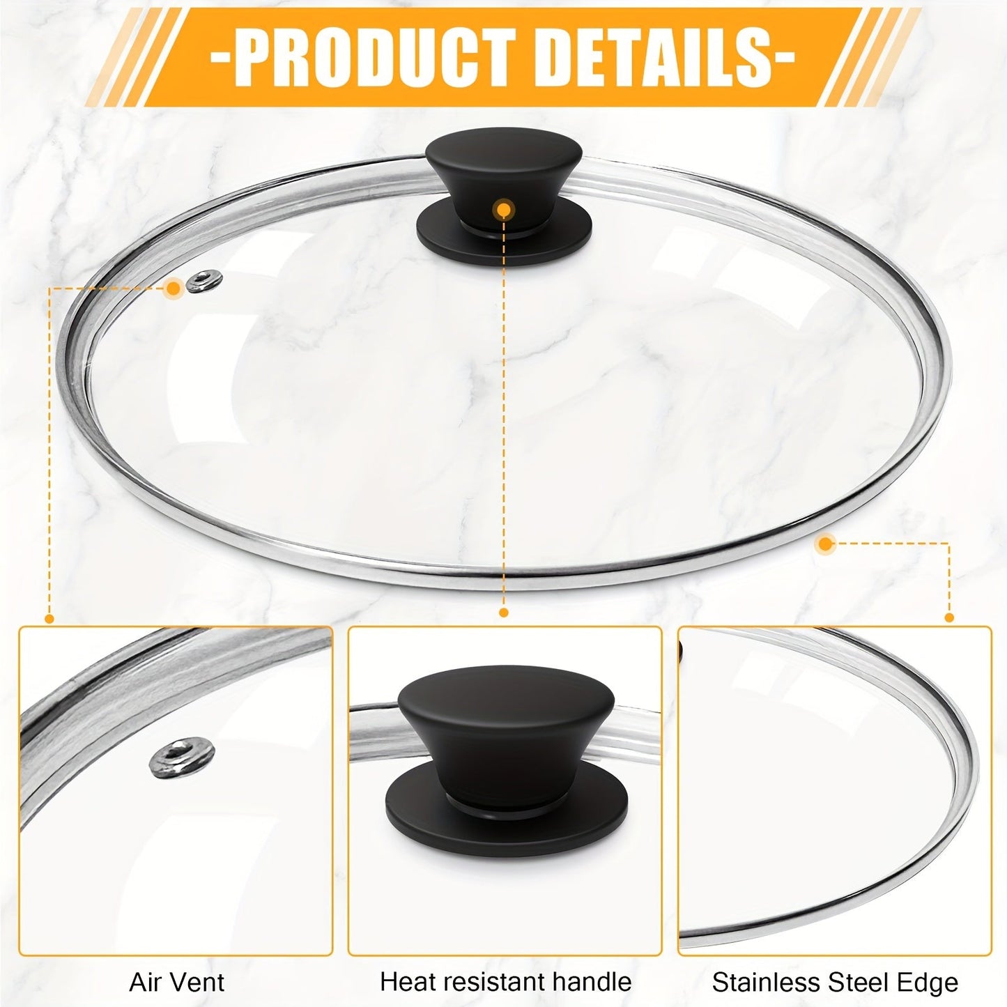 GDDGCUO Universal Tempered Glass Lid suitable for Frying Pan, Skillet, and Cast Iron Pot - Features Heat-Resistant Handle, Stainless Steel Edge, and Air Vent - Compatible with Cookware sizes 25.4cm, 30.99cm, 33.02cm, and 36.83cm - Clear Transparency for