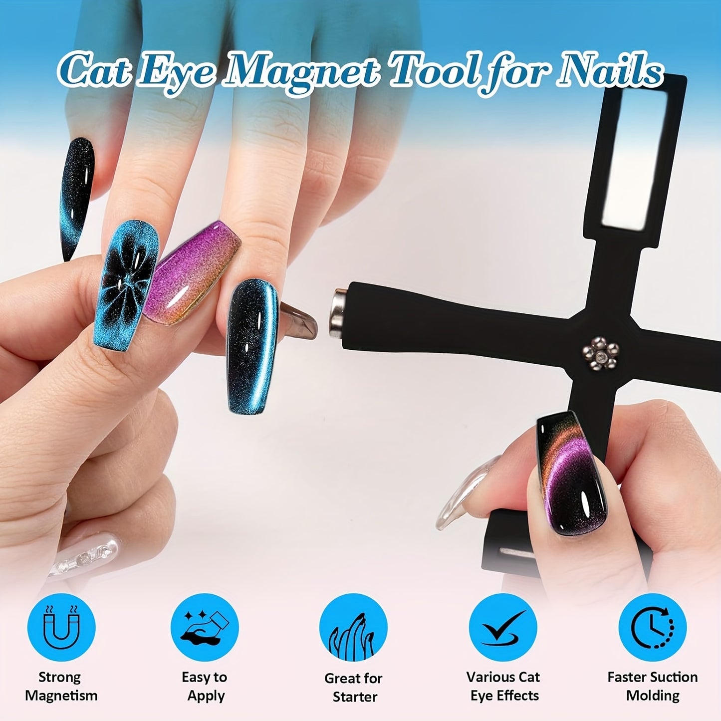 XIYANG TRADE 5-in-1 Cat Eye Magnet for Nails - Multi-function magnetic tool for dotting, drawing, and designing. Includes mirror effect and gradient blue accessories. Odorless and perfect