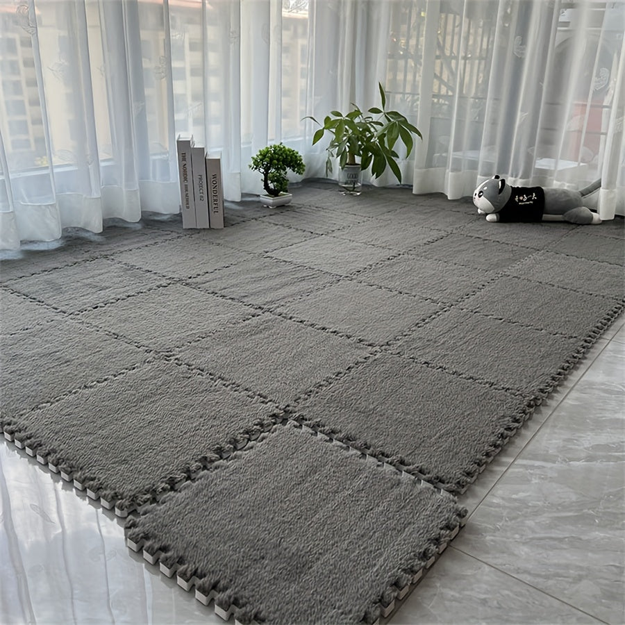 A set of 24 plush interlocking carpet pieces designed for use in the bedroom and living room. These thick, washable floor mats are made from a soft blend of EVA and polyester, measuring 29.97x29.97 cm each.