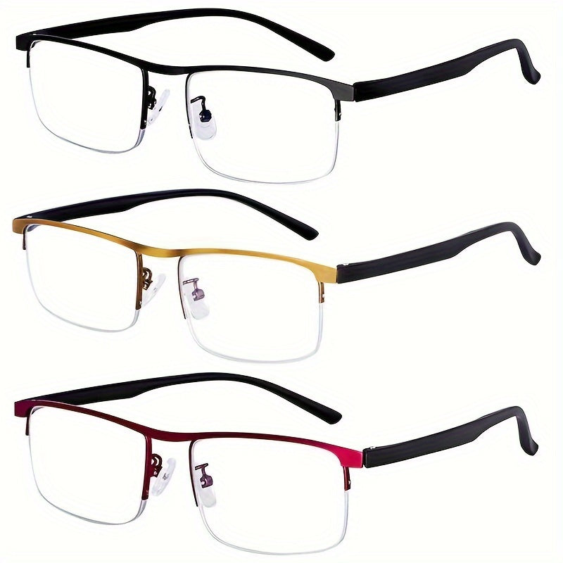 Automatic dual-purpose multi-focus reading glasses for men and women with anti-blue light technology and half-frame design.