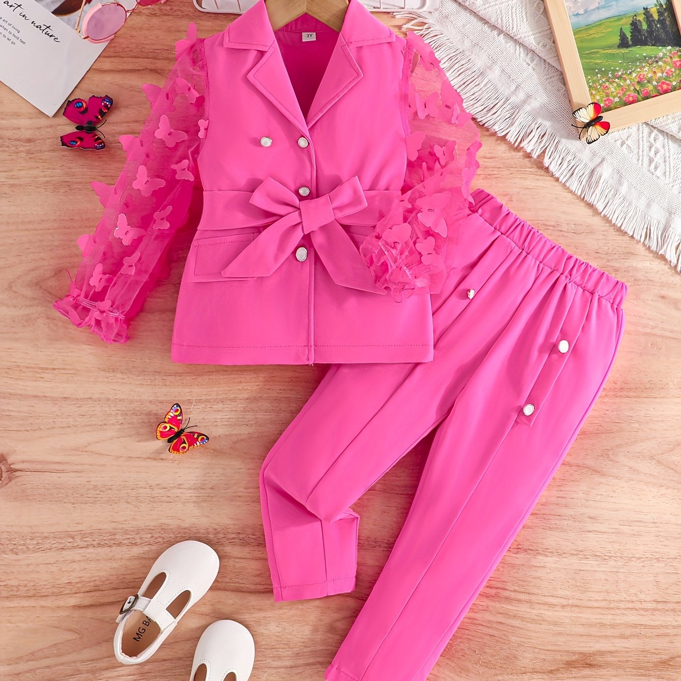 Girls' pink butterfly blazer and pants set with ruffled detail, perfect for all seasons and outdoor wear.