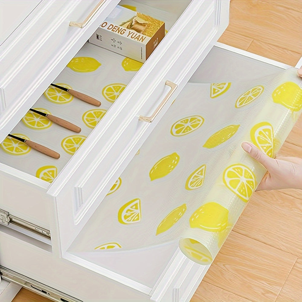 Water-resistant shelf liner in lemon pattern, suitable for kitchen cabinets, refrigerator, wire shelving, and more. Non-adhesive, non-slip design for easy use. Washable and reusable. Size: 29.97cm X 149.86cm. Ideal for multi-purpose use.