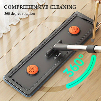 The Flat Mop and Bucket Set features a Self-Wringing System for hands-free floor cleaning. This set includes 2 reusable pads and does not require electricity. It is perfect for cleaning the living room, bedroom, bathroom, toilet, and kitchen.