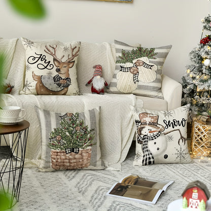 Set of 4 Christmas polyester throw pillow cases featuring reindeer and eucalyptus design. Ideal for decorating outdoor living rooms, bedrooms, couches, and sofas.