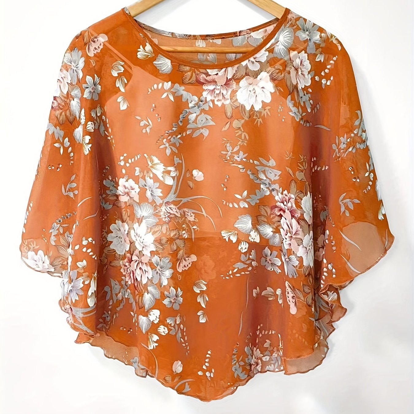 Floral Print Asymmetrical Blouse for Women - Sheer Sleeve, Sun Protection Shirt, Beachwear