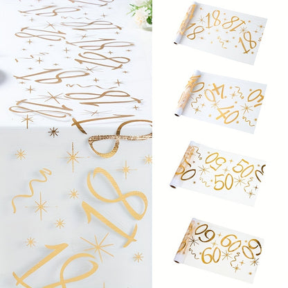 Polyester table runner with golden stamping for milestone celebrations. Perfect for anniversaries, retirement parties, and milestone birthdays. Comes in a rectangular shape.