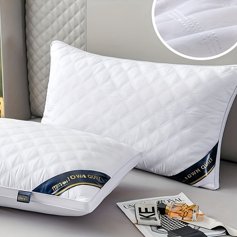 Two hypoallergenic 3D pillows with soft quilted zippered cervical support, breathable knitted polyester, machine washable, and multipurpose for adults, offering hotel-quality sleep.