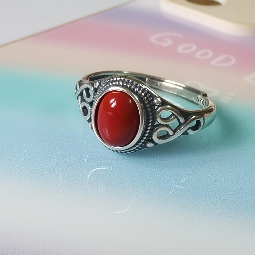 A stylish women's ring with a retro ethnic design, featuring a 925 Silvery inlay and a synthetic red coral stone. Ideal for both everyday wear and special occasions, making it a great gift for Christmas or Valentine's Day.