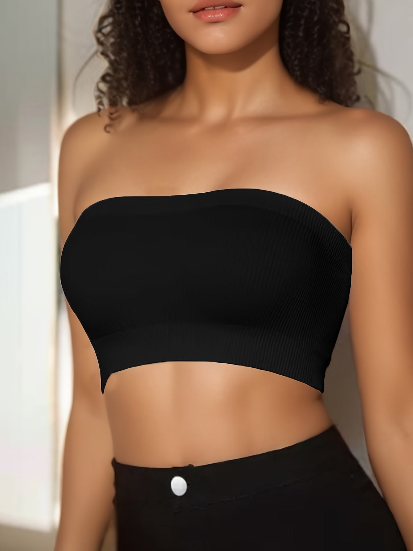 Seamless strapless bandeau bra for women with comfortable, breathable nylon blend and no-pads, perfect for casual attire.