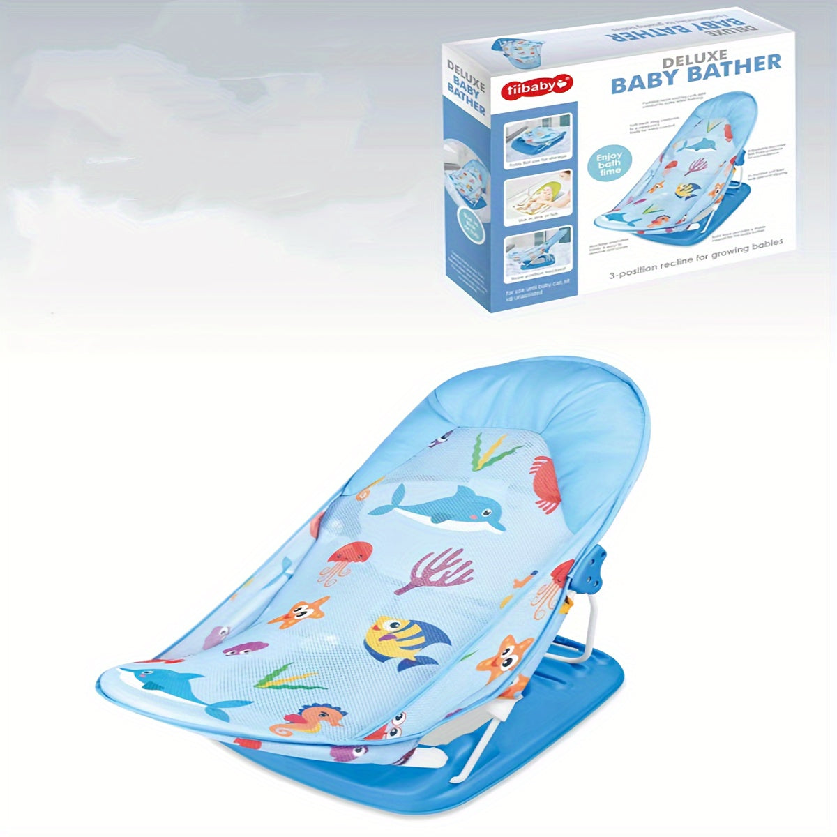 New Year's gift for newborns: Foldable bath bed frame with spine support, net pocket, and non-slip design for safe bathing.