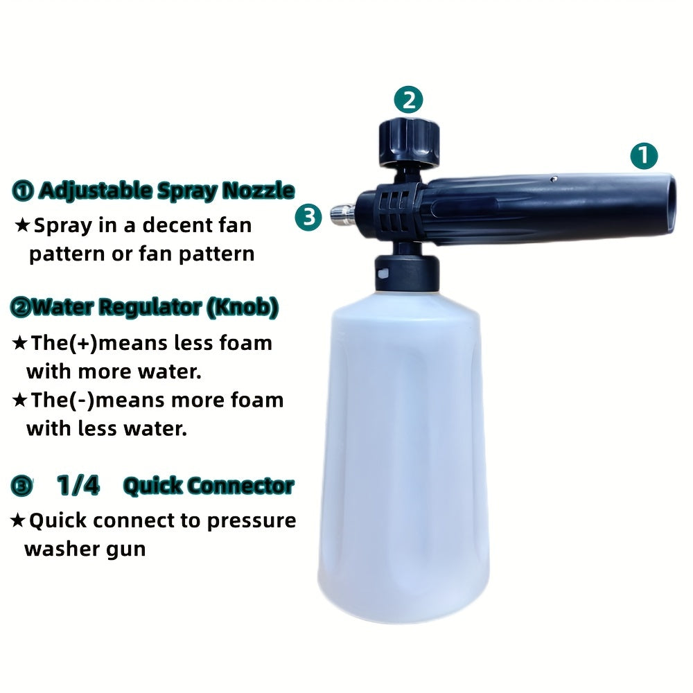 1 Set Snow Foam Cannon with 700ml bottle, for use with pressure washer as car wash soap attachment kit.