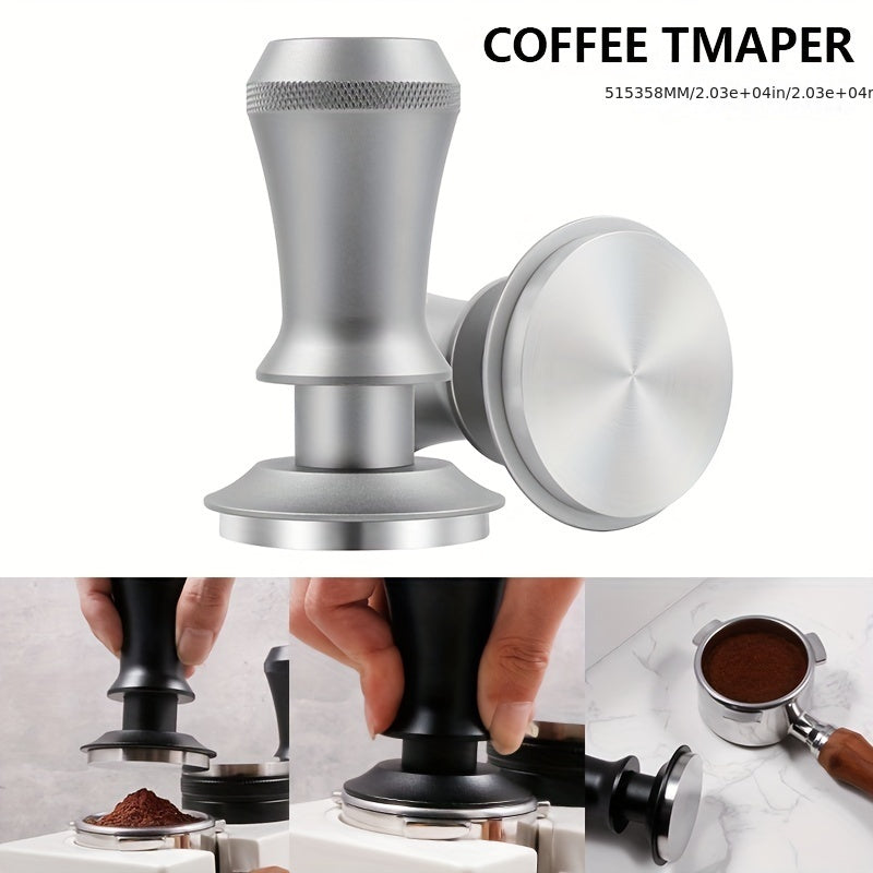 Coffee Tamper with 51/53/58mm Calibrated Size and Spring Loaded Design, Featuring Flat Stainless Steel Base in Black and Silvery Colors. Includes Two Springs for Firm and Even Tamping.