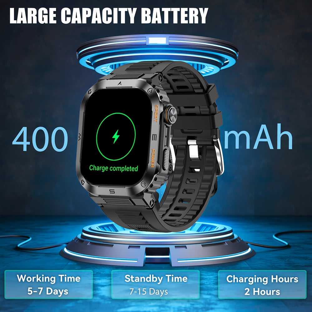 New durable smart watch for men with wireless calling, sports and fitness features, AI voice assistance, and outdoor capabilities with phone connectivity.