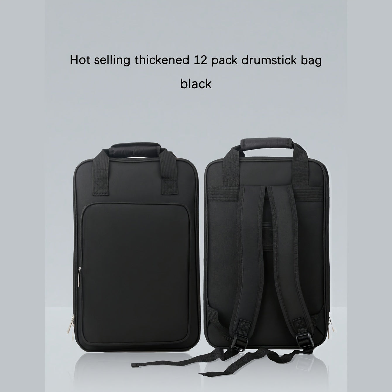 Thickened drumstick bag with premium durability. Holds 12 pairs, water-resistant, has backpack option and cushioned straps. Black, convenient hanging design, perfect for professionals.