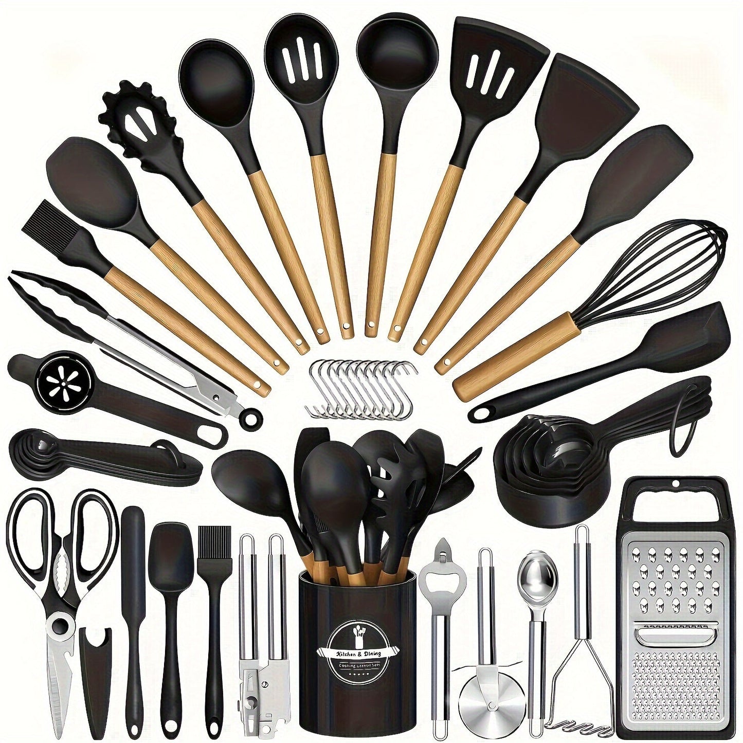 Silicone Kitchen Utensil Set with Wooden Handles - 44 Pieces, Non-Stick Coating, Includes Stainless Steel Grater & Bottle Opener, Ideal for Cooking, Baking & Festive Occasions.