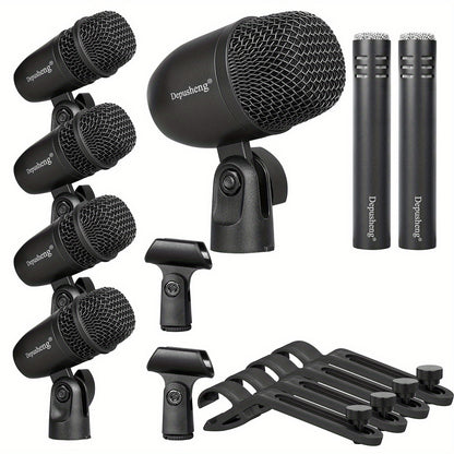 Depusheng 7pcs Wired Dynamic Microphone Kit for Drums, with All-Metal Construction, Ideal for Kick Bass, Tom/Snare, and Cymbals. Includes Thread Clips and 7 Audio Cables for Stage Use.