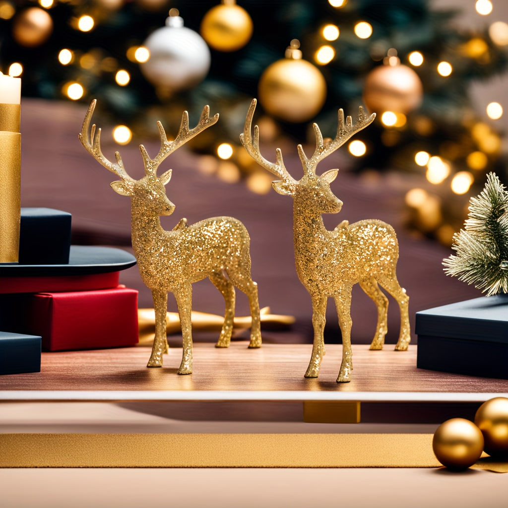 Golden Christmas Reindeer Figurines in 2 or 6 pieces, perfect for holiday decorations or gifting. Ideal for Christmas parties and home decor.