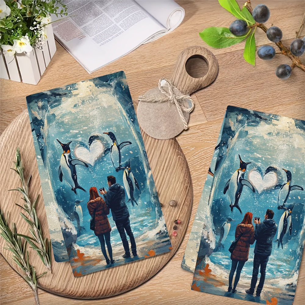 These ultra-soft kitchen towels showcase an adorable illustration of a couple having a great time at the zoo, admiring cute animals. Their favorite spot is by the penguin exhibit, where the penguins are swimming in a heart formation. The couple can't