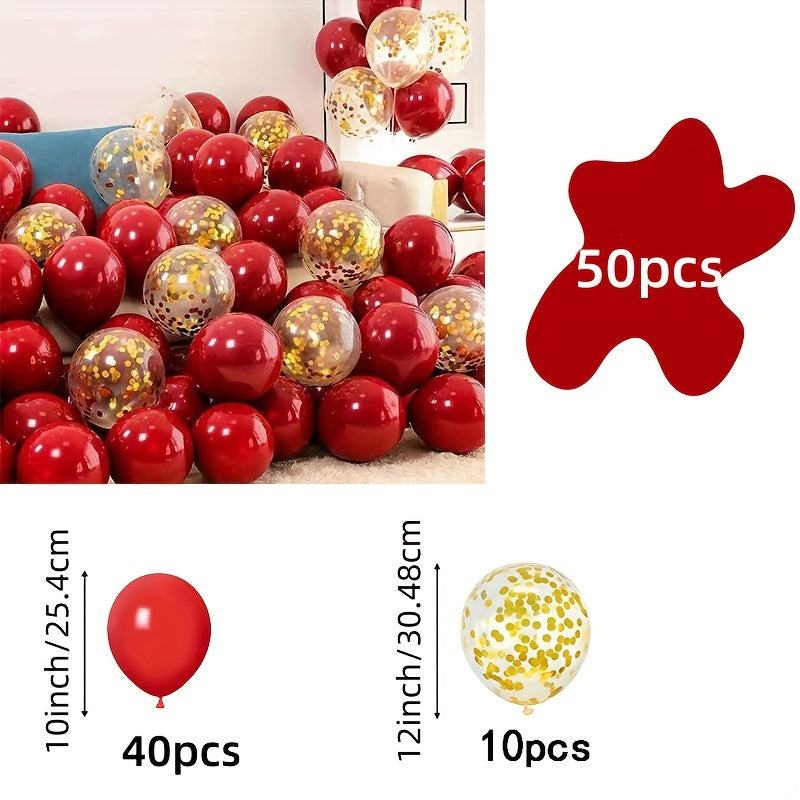 50 Red & Golden Latex Balloons, ideal for various celebrations and occasions, including weddings, birthdays, anniversaries, graduations, Mother's Day, winter, and New Year.