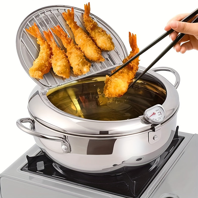 Jumi Japanese Tempura Deep Fryer Pan made of Stainless Steel with Thermometer, Compatible with Induction Cooktops, No Electricity Required - Essential Cookware for Your Kitchen