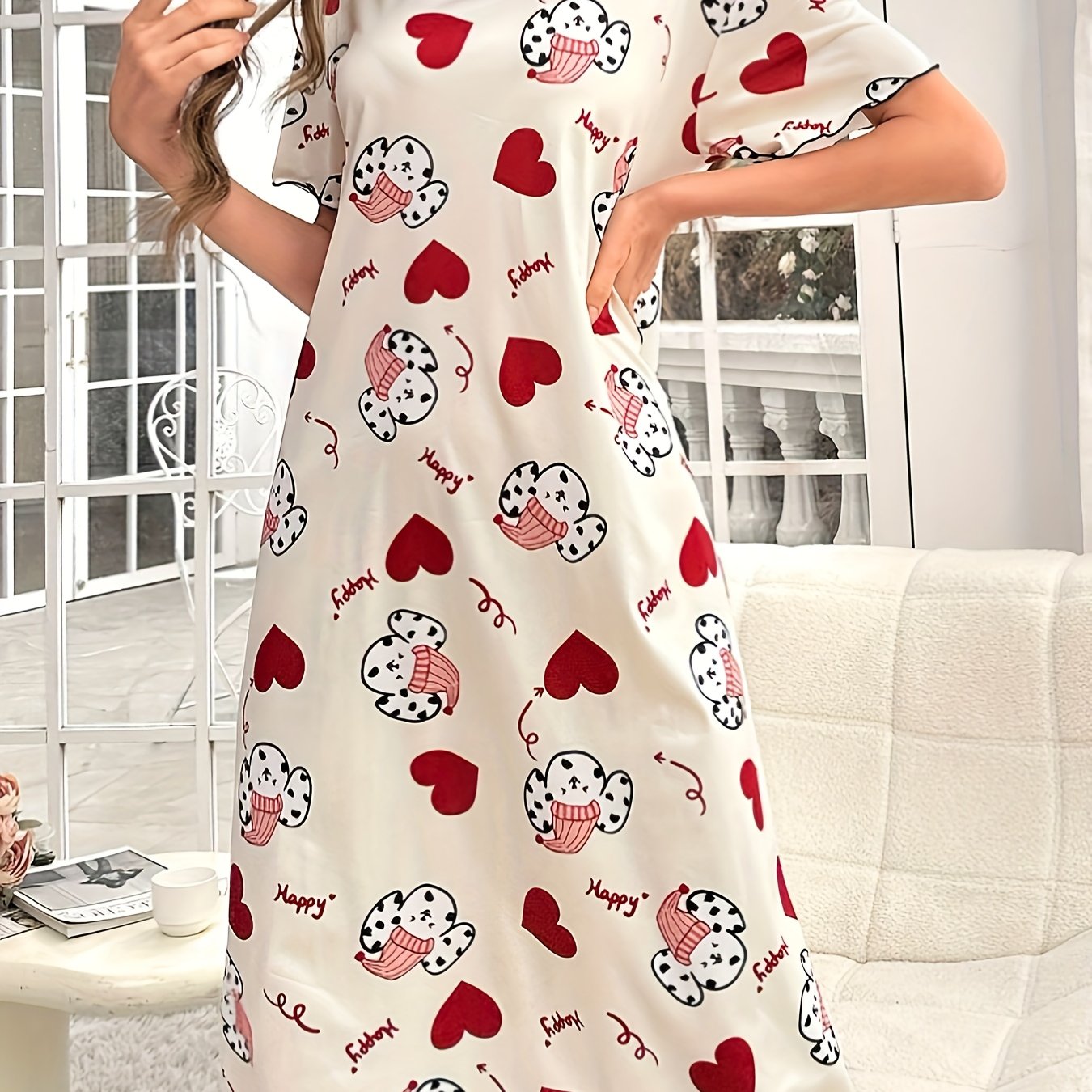 Cozy pajama dress with spotted dog & heart print, short sleeve, round neck, soft poly blend, machine washable