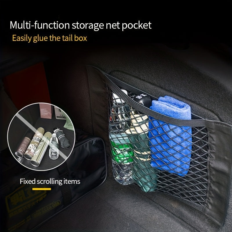 Universal car seat back organizer with elastic string net for easy storage and cleaning, car accessory.