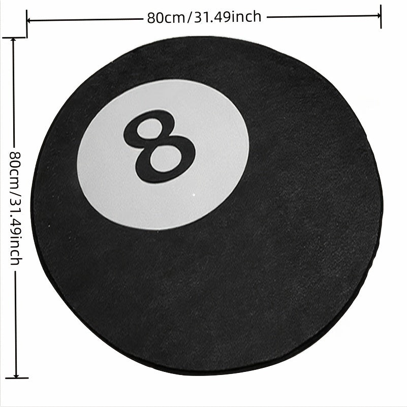 Machine washable floor mat with an anti-skid backing, featuring a stylish billiards pattern in black. Suitable for bedroom, living room, leisure area or bedside as a decorative carpet.