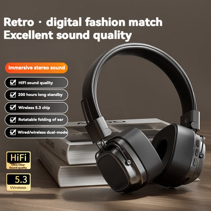 New retro style wireless headphones with noise cancelling earmuffs, long-lasting battery life, and high-tech design for outdoor activities. Also supports wired connection.