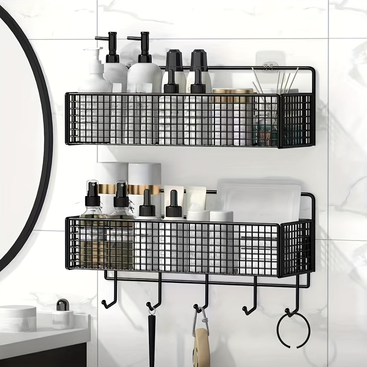 Wall-mounted bathroom storage rack with hollow design, no-drill hanging shelf for bathroom accessories