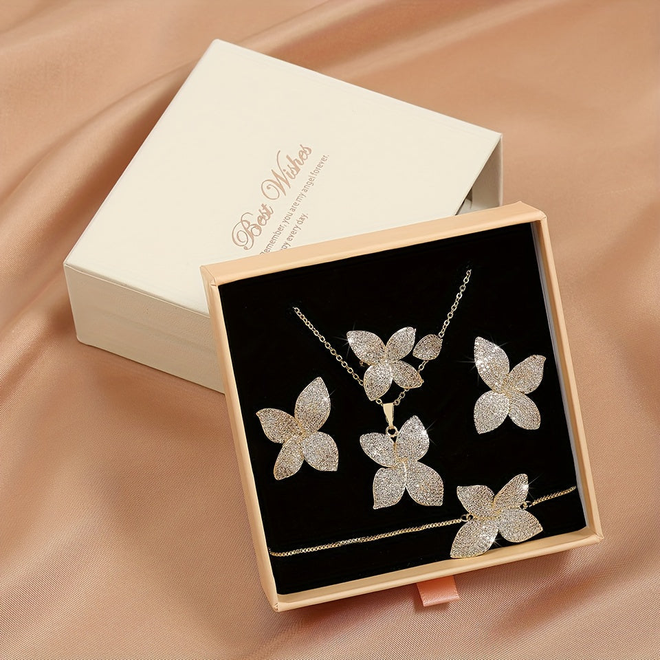 Elegant Wedding & Valentine's Day Gift: Stunning 5-Piece Butterfly Jewelry Set for Women featuring Zirconia Inlaid Copper - Includes Necklace, Bracelet, Ring, Earrings in a Beautiful Boxed Set - Perfect for the Summer Season Style