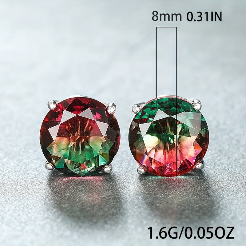 Elegant Sterling Silver Tourmaline Earrings with 925 Stamped, Multi-color Anti-allergy Earrings, 6.78mm Round Single Gemstones, Perfect for Women and Teens