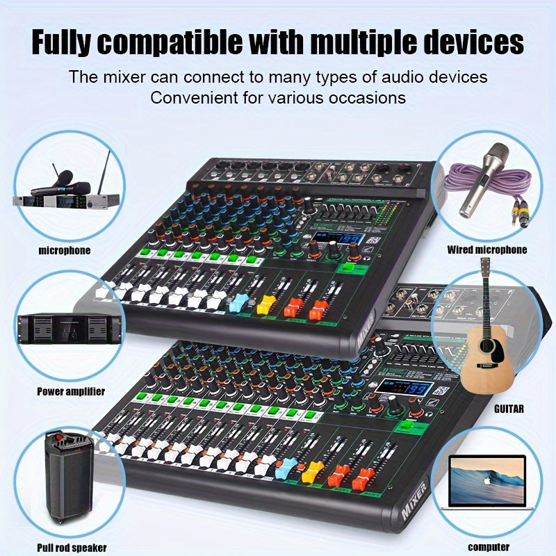 NXG XF8/12/16 Professional Mixer Soundboard with 8/12/16 Channels, USB MP3 Computer Input, 48V Phantom Power, Built-in 99 Reverb Effects, and Recording Function.