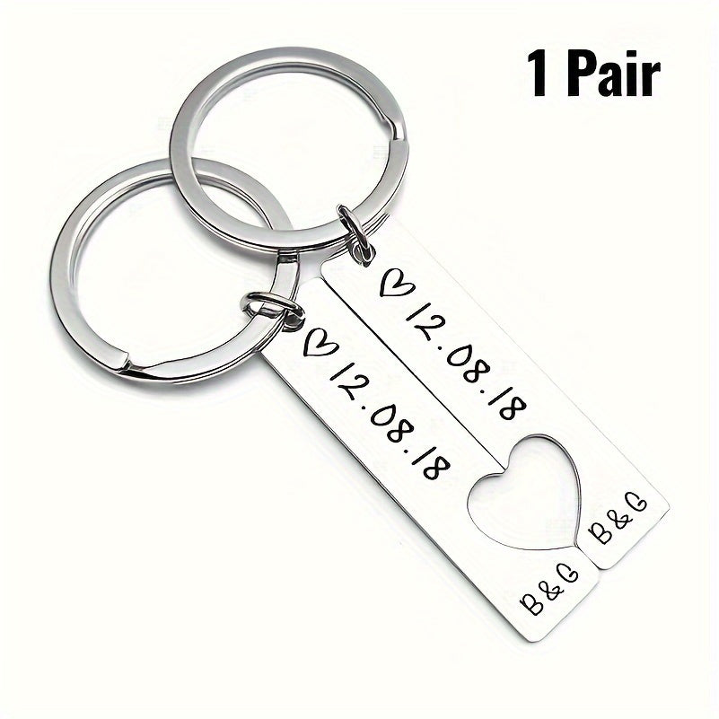 Personalized Hipster Style Couple Keychains with Date, made of high-quality stainless steel. Ideal Gift for Anniversary, Birthday, or Father's Day.